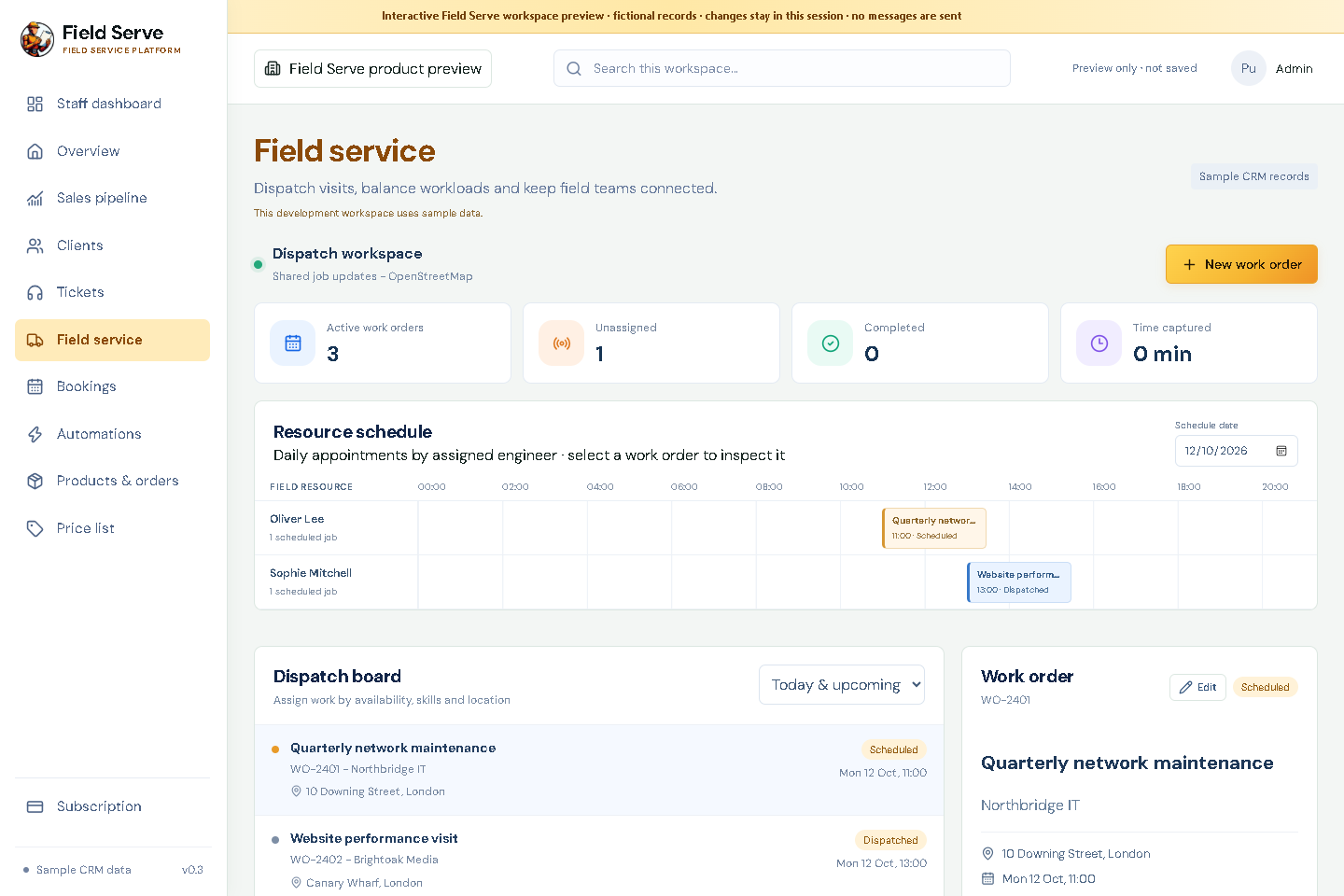 Field Serve dispatch board
